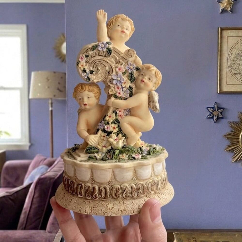 Vintage Cherub Music Box, Angel Figurine Music Player, Celestial Retro Decor